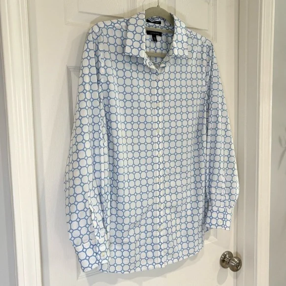 Lands' End Women Geometric Button Up Collar Long Sleeve Shirt 14W No Iron Cotton - Picture 3 of 11